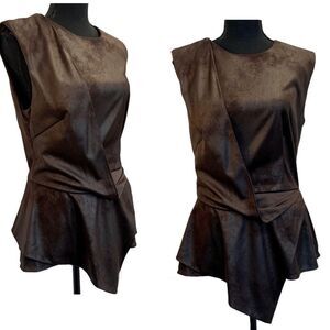 Nha Khanh brown faux suede asymmetrical draped peplum top Sz 10 sleeveless